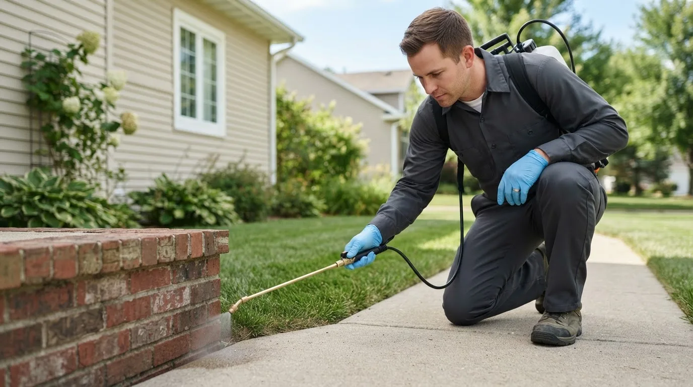 Pest control technician treating a home near Fort Valley, VA